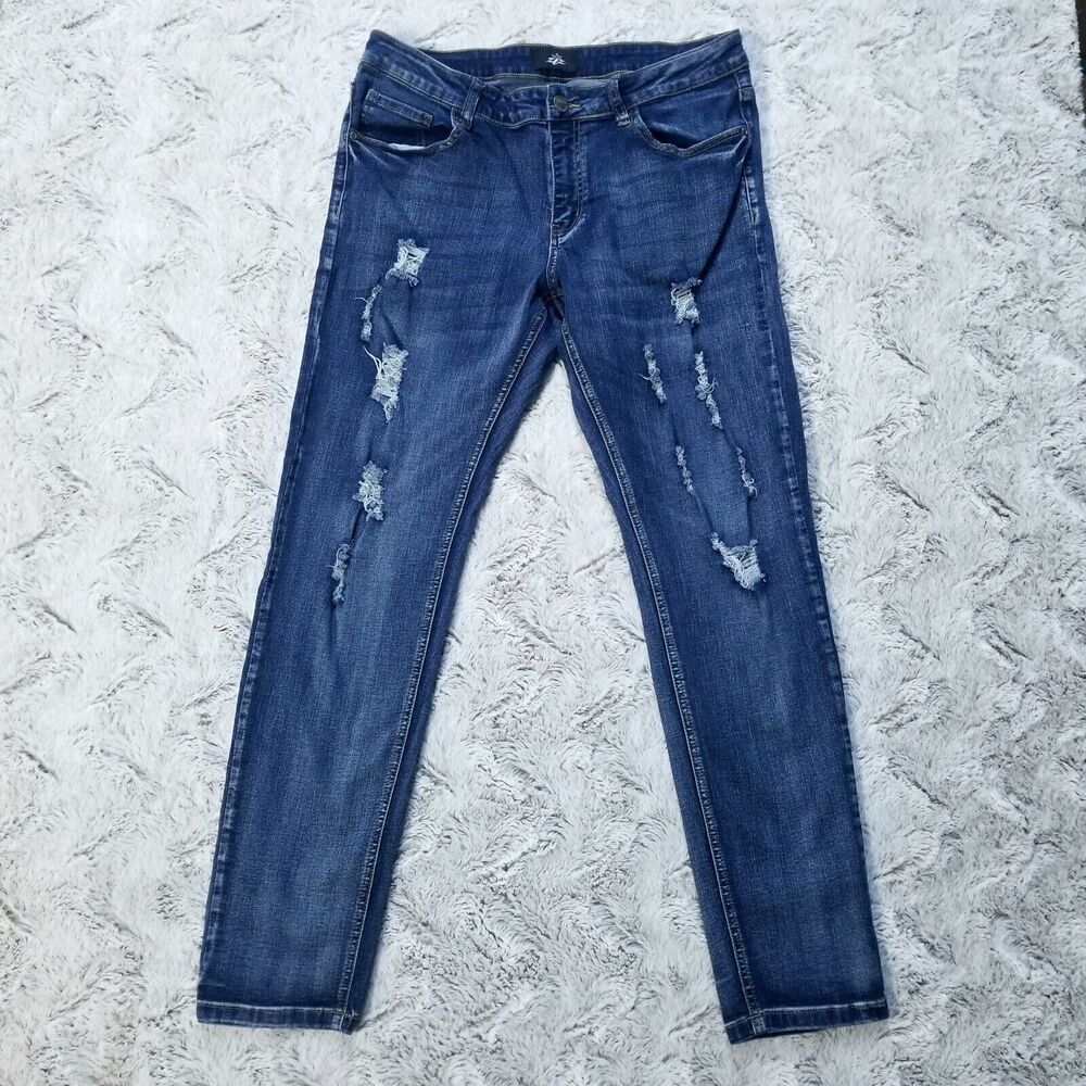 ZLZ Denim Jeans Mens 34x32 Blue Distressed Slim Straight Dark Wash Denim